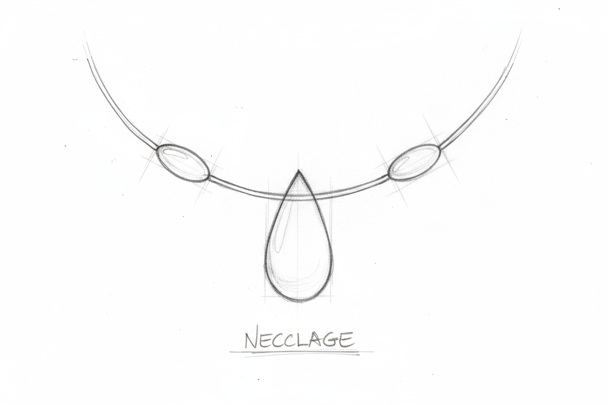 no è brutta, rifacciamo, crea un'immagine di una collana come se fosse stata disegnata come una bozza con la matita, sfondo bianco. la collana ha la base con un filo sottile rigido,  il ciondolo centrale è fatto in resina a forma di goccia, alla sinistra e alla destra ci sono altri due inserti in resina